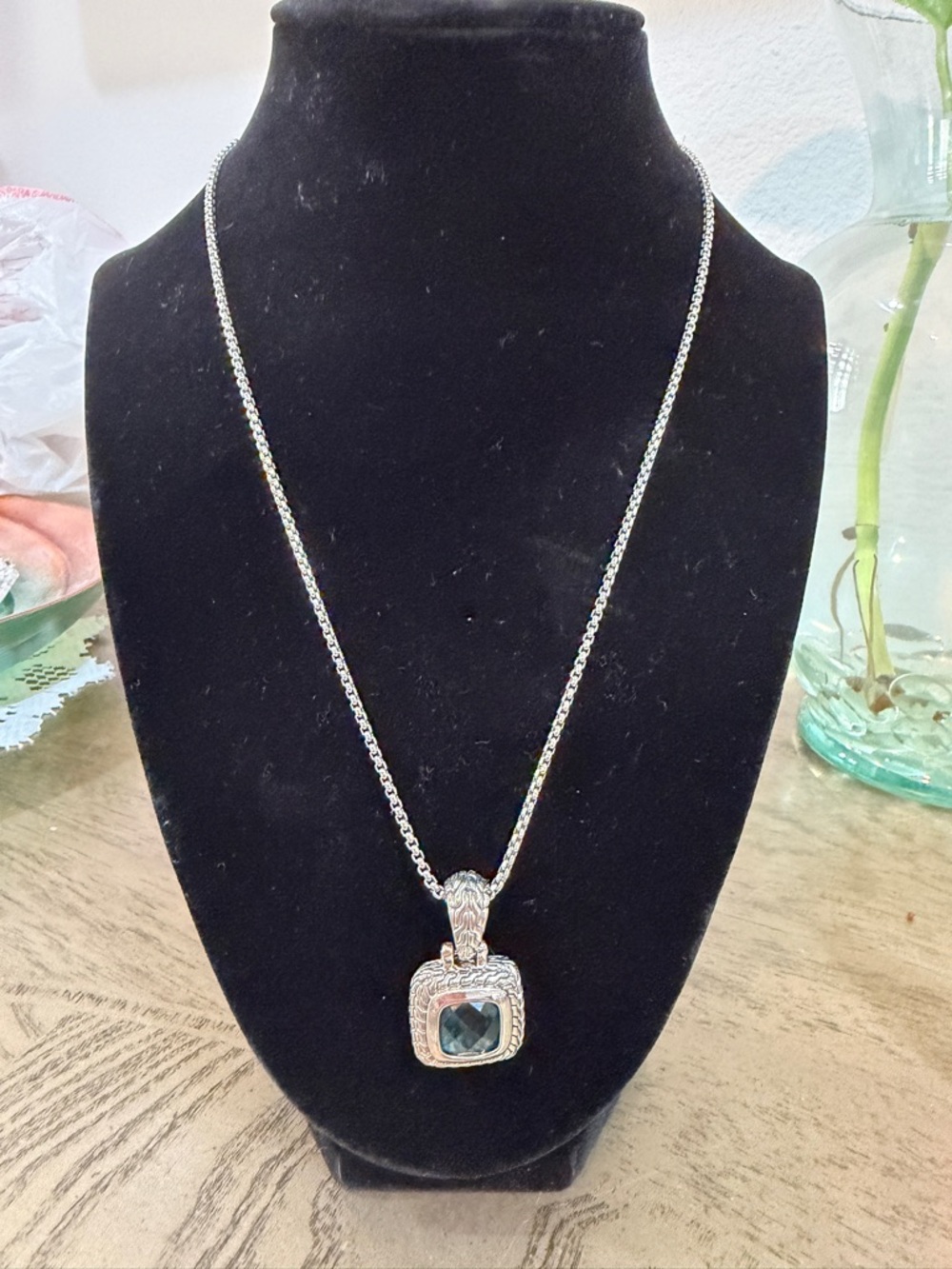 Silver Necklace with Blue-Green Gemstone Pendant - Women Jewelry